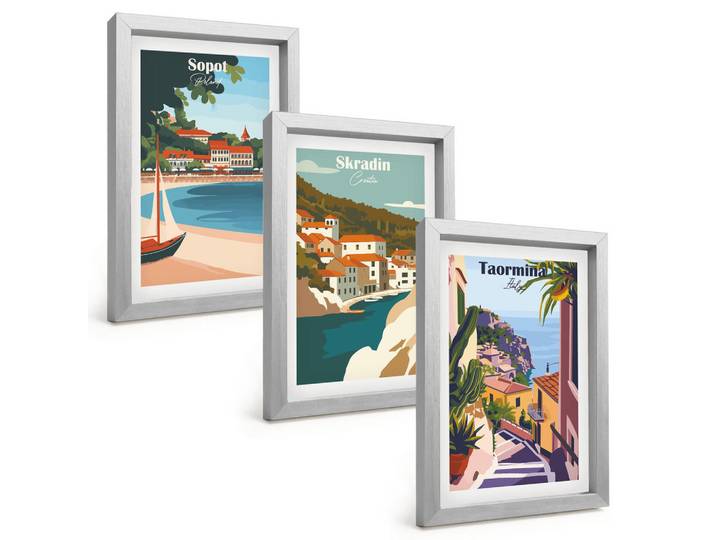 Tulup Bilder SET 3er Set - 20x30 cm Silberner Rahmen - Illustrationen von Küstenstädten, Silberfarben, Kunststoff, Rechteckig, 20x30 cm, gerahmt, Bilder & Rahmen, Bilder
