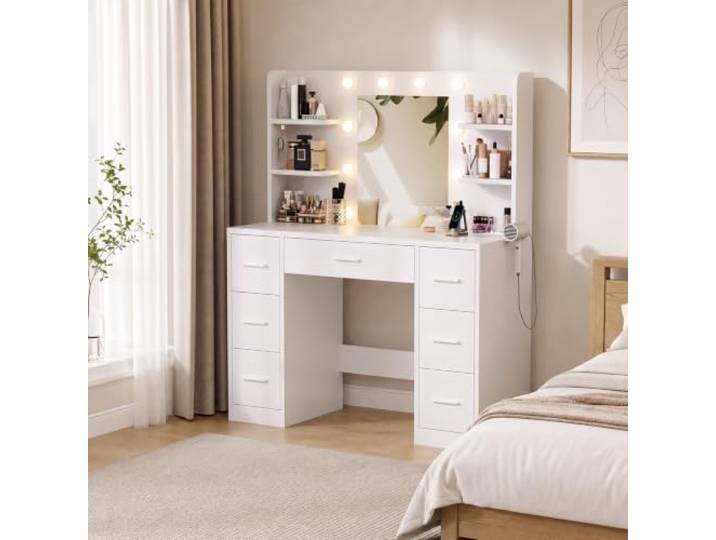 TRIUMPHKEY Große Schminktisch mit 7 Schubladen und Steckdosen, Frisiertisch Mit 10 LED Beleuchtung, 3 Farben & Einstellbare Helligkeit, Kosmetiktisch mit Offenen Ablagen, Schlafzimmer (Weiß)