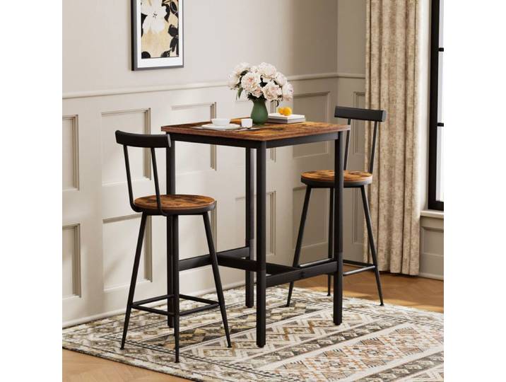 Ensemble de bar table haute SENVIRO industrielle 60 x 60 x 92 cm 1 table et 2 tabourets marron rustique métal