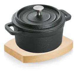 8x Cocotte schwarz Gusseisen ø 10 cm mit Deckel + 8x Holzuntersetzer