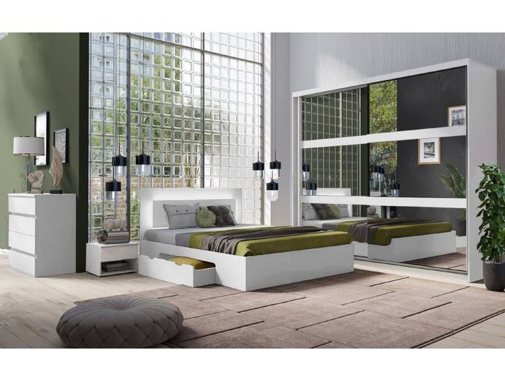 Möbel für Dich Komplettschlafzimmer Fino weiß, (5-teilig), Bett mit Schubladen, Schiebetürenschrank mit Spiegel, Kommode