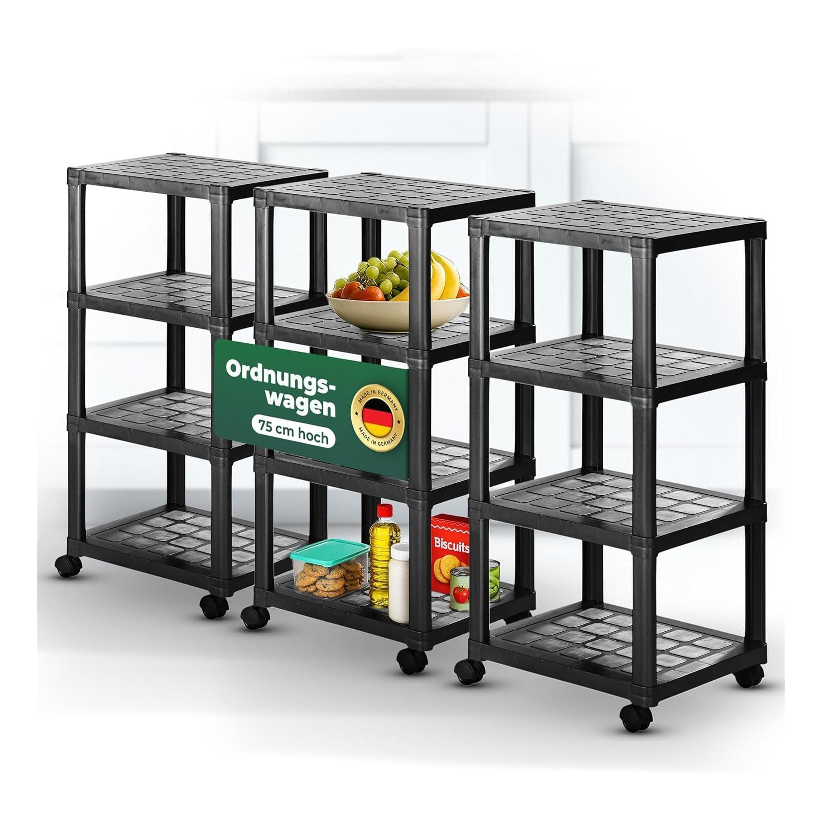 Novaliv 3er-Set Rollwagen mit 4 Etagen Schwarz, Badezimmer-Regal Badregal Bad Küche Ordnungswagen Beistellwagen Allzweckwagen Putzwagen Ordnungswagen Schrank Bastelwagen Aufbewahrung Organizer