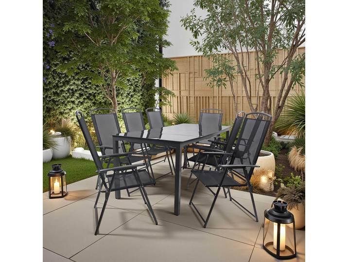 Gardenson Gartentischgruppe, Schwarz, Metall, Glas, rechteckig, A-Form, 90x73x190 cm, Stühle klappbar, Gartenmöbel, Gartengarnituren, Gartenmöbel-Sets