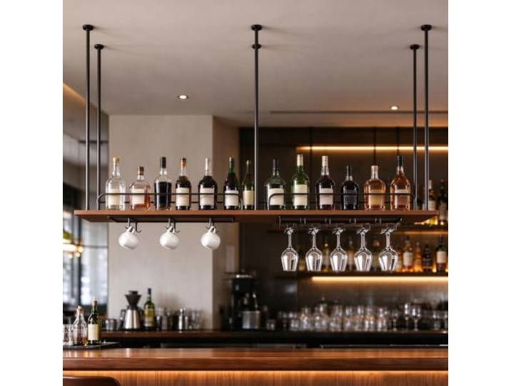 Weinglashalter an der Decke – hängendes Weinregal mit Stielglas-Ablage Holz-Weinflaschenhalter, schwimmende Lagerregale für Bar, Café, Restaurant(1-TIER-140x30x50cm)