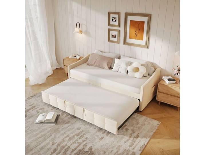 Lit gigogne 90x200 cm - LUMINARIX - Canapé-lit extensible - Velours beige - 2 places - Sommier à lattes