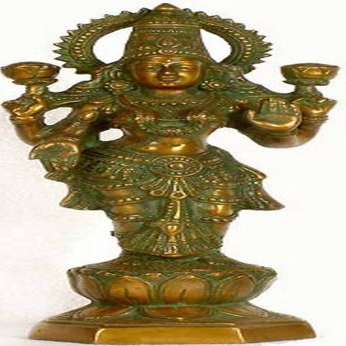 Handgemaakt Messing Lakshmi Standbeeld - Godin Beeld voor Huisdecoratie - Geel - Hoogte: 34,3 cm