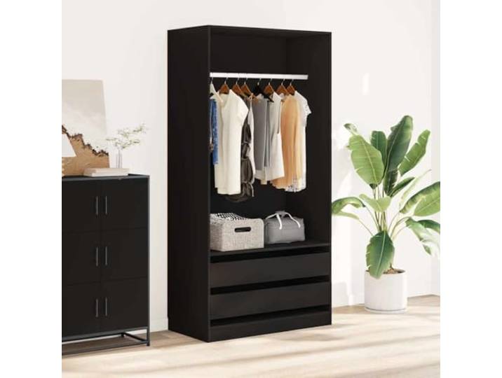 Kleiderschrank Schwarz 100x50x200 cm Holzwerkstoff 2 Schubladen, grosses Fach mit Haengestange, leicht zu reinigen, einfache Montage, kompakte Aufbewahrung