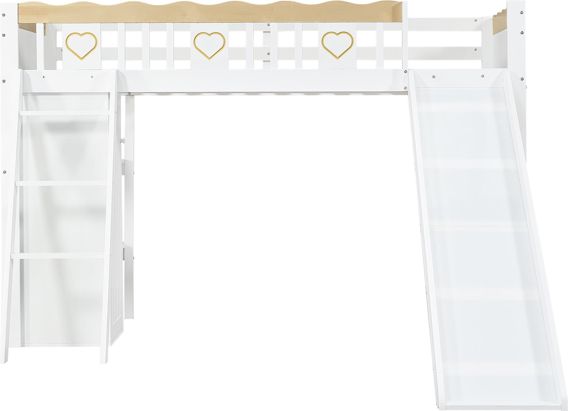 Etagenbett, Kinderbett, Mit Kinderrutsche, Kleiderschrank und Ablageschrank unter dem Bett, Vierseitiger Zaun mit Mustern Kiefer + MDF + Sperrholz, Weiß+Natur, Massivholz + MDF