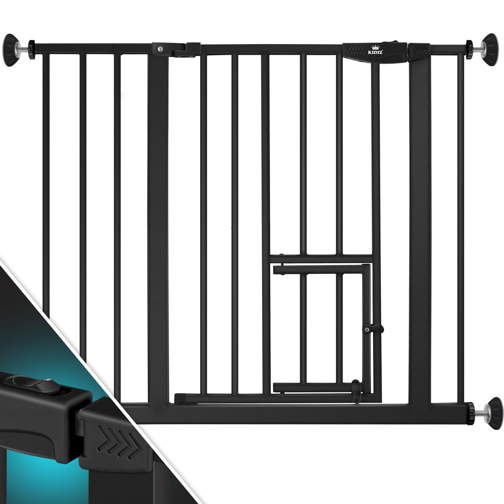 KIDIZ® Absperrgitter zum Klemmen mit Katzenklappe, Türschutzgitter, Autoclose Kinder Treppengitter ohne Bohren 90° Stopp Schutz, schwenkbar, Treppenschutzgitter