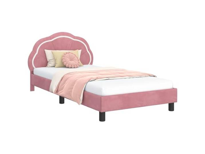 PUGYNBK Kinderbett, Rosa, 90 x 190 cm, Samt Robustes Holz, integriertes Kopfteil, Lattenrost, niedriges Profil, einfache Reinigung