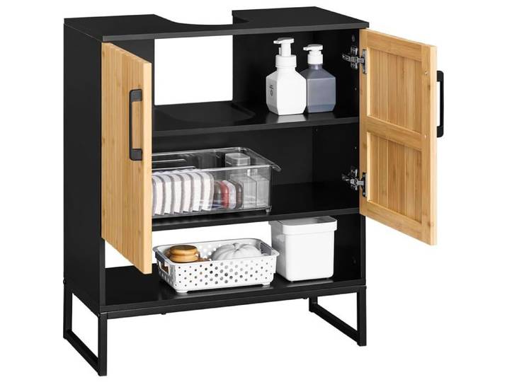 Meuble sous lavabo - SoBuy - BZR202-SCH - Bambou et métal - Compact - Noir & Naturel