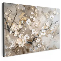 LEINWANDBILD Blumen - Weiß - Gold - Beige - Luxus Wanddeko 90x60 cm