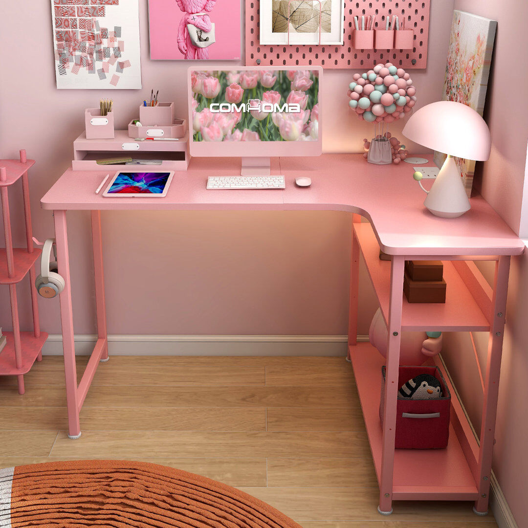 Inbox Zero Hofstra L-Shaped Metal Base with Power Outlet Desk Pink/Pink 74cm H x 110cm W x 80cm D