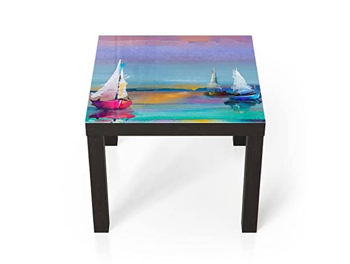 DEQORI Glastisch schwarz klein 55x55 cm Motiv Drei bunte Segelboote ausgefallener Beistelltisch aus Glas Hochglanz Couchtisch fürs Wohnzimmer moderner Couch Tisch mit Design