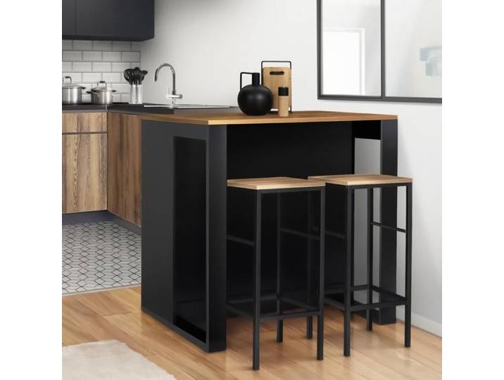 IDMARKET Table de bar îlot JUNO bois noir et plateau foncé HAWKINS