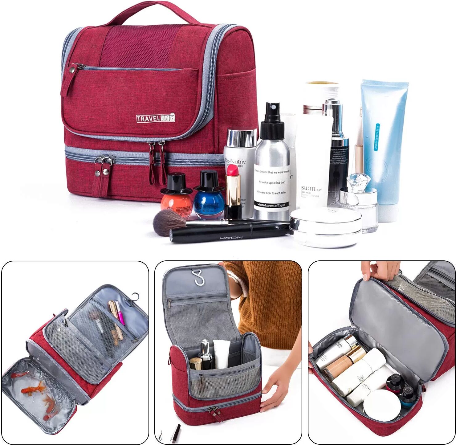 INF Kulturtasche mit Nass-Trocken-Trennung, Aufhängehaken und faltbarem 600D Oxford-Gewebe