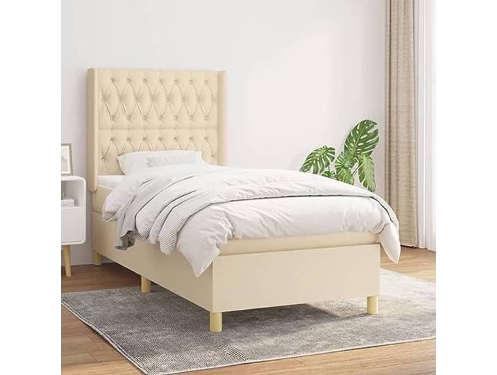 RJPLMFV Bettgestell, 100 x 200 cm, Stoff, cremefarben Verstellbarer Kopf, Matratze mit Taschenfedern, Rückenstütze, mittlere Festigkeit