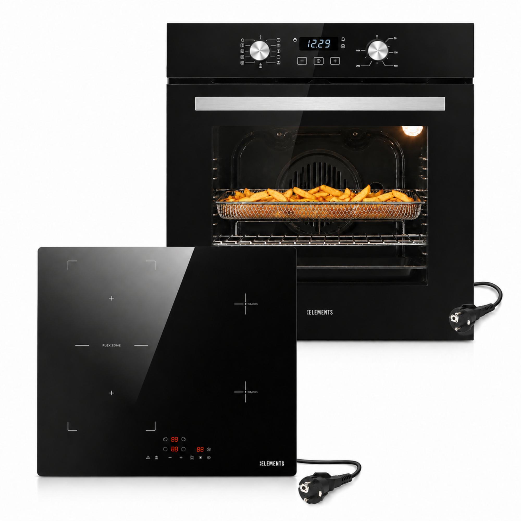 KB ELEMENTS Autarkes Herdset 60 cm, Einbaubackofen mit Air Fry, Steam Clean, 11 Funktionen, A+, Induktionskochfeld mit Flexzone, Schuko-Stecker