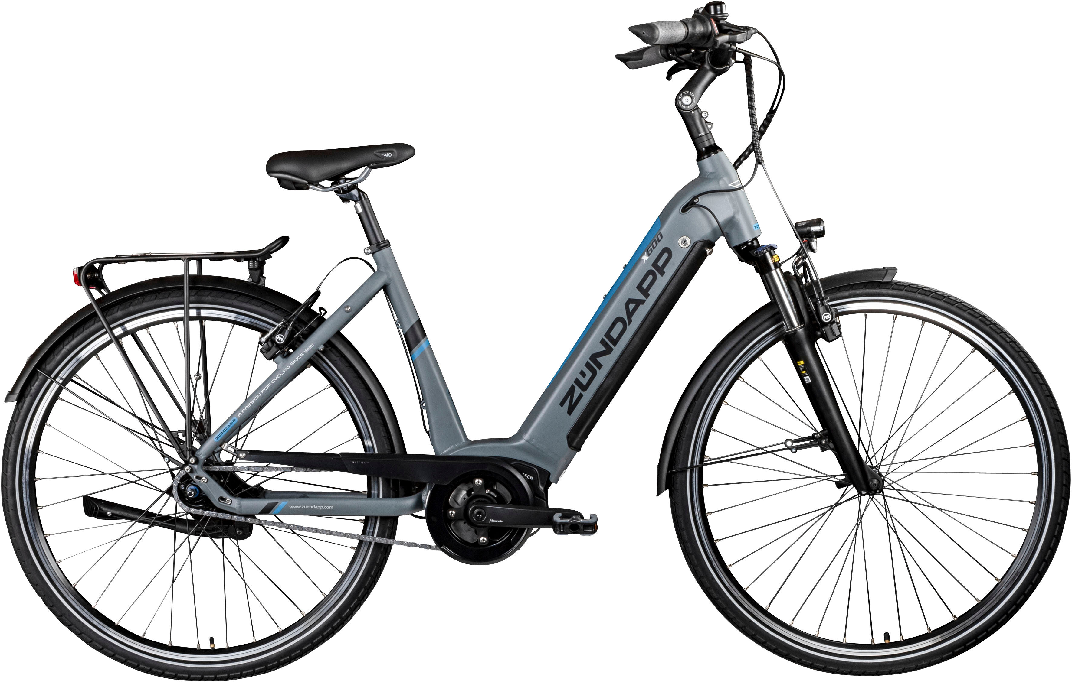 E-Bike ZÜNDAPP "X600 - Bosch Mittelmotor" Gr. 50, grau (grau, blau), Elektrofahrräder, 50cm, 28 Zoll (71,12cm), E-Bike, Pedelec, Elektrofahrrad für Damen u. Herren