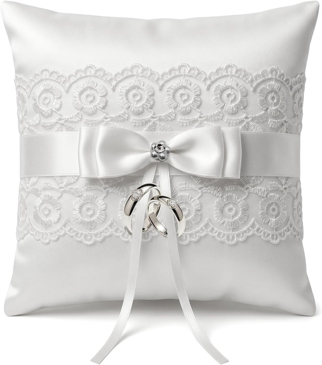 Elegante Witte Satijnen Ringkussen met Kant en Rhinestone Strik voor Trouwringen en Verlovingsringen
