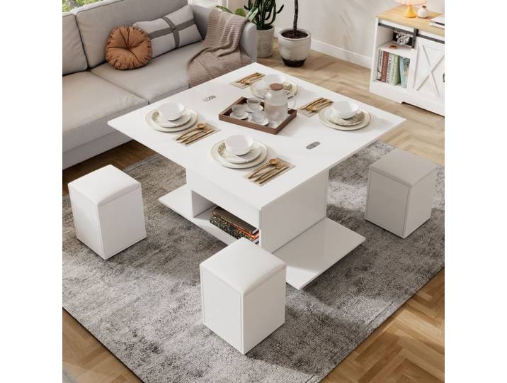 Table basse 100x50x48cm Table basse 3 en 1 multifonctions (product change) Table basse Ajustable en hauteur Blanc