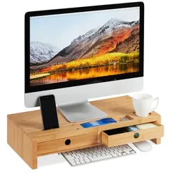 Relaxdays Monitorständer mit 2 Schubladen Hellbraun