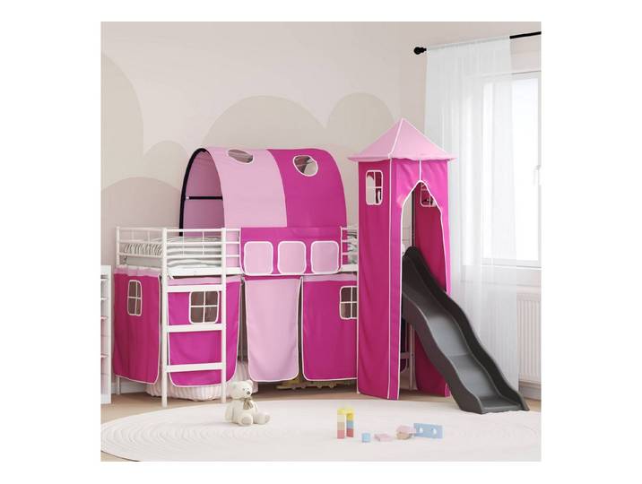 furnicato Bett Kinderloftbett 90 x 190 cm Weiß und Rosa (1-tlg), Zusammenklappbares Hochbett mit Vorhängen für dein Kinderzimmer