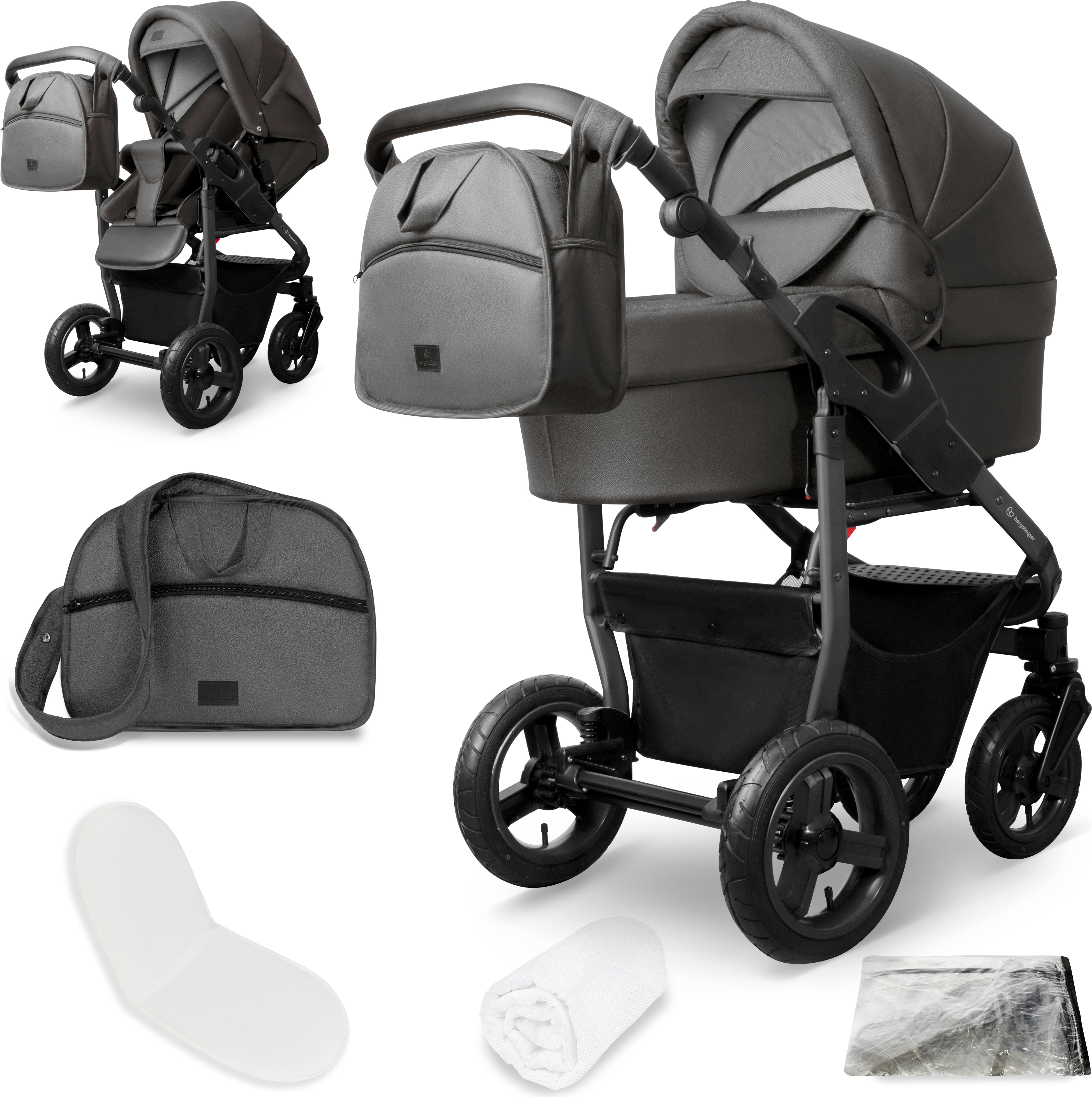 Bergsteiger Capri Kombikinderwagen 2-in-1 ohne Babyschale - Babywanne & Sportsitz, Luftreifen, Federung, höhenverstellbarer Griff, faltbar, Zubehör