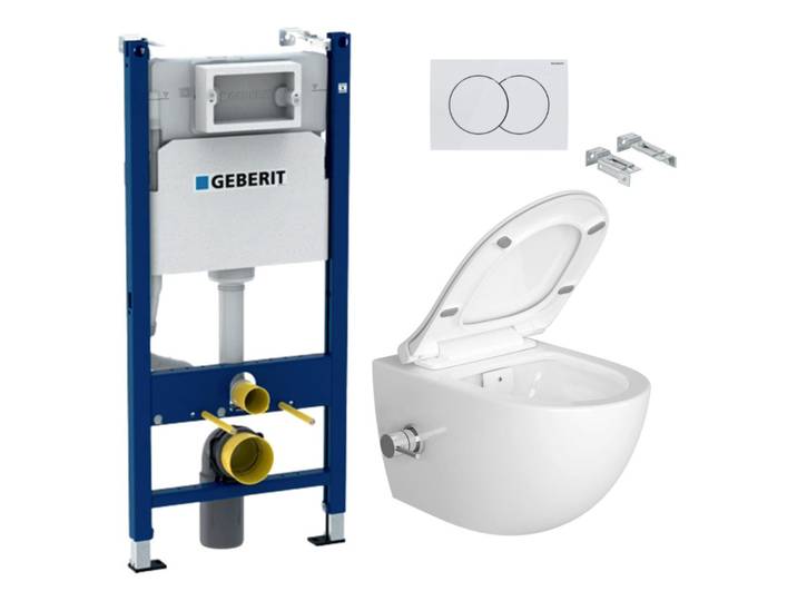 Pack WC Bati-support Geberit Duofix + WC sans bride SAT avec bidet thermostatique + Abattant SoftClose + Plaque (SATCleanGeb3-D