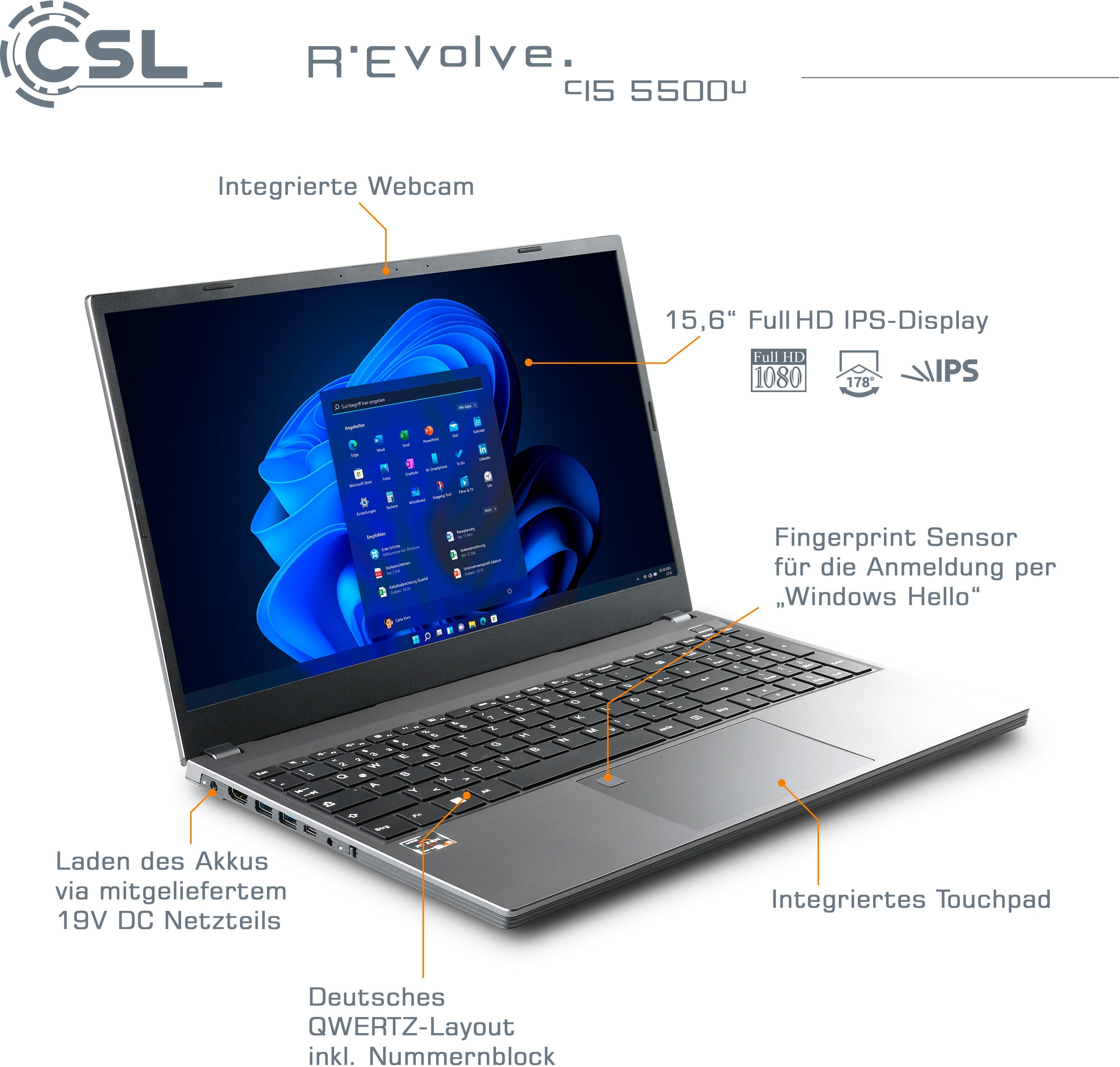 CSL Notebook "R'Evolve C15 5500U / 64GB / 500GB / Windows 11 Home", silber, 64 GB RAM 500 GB SSD, Ryzen 5, Microsoft Windows 11 Home (64 Bit), Notebooks, Notebook