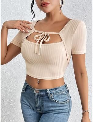 Daily Deals Depot Women's Ribbed Crop Top Square Neck Tie Front Knit Summer Top s