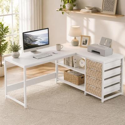 "59"" L-Shaped Desk, Reversible Corner Desk with Drawers & Shelves"