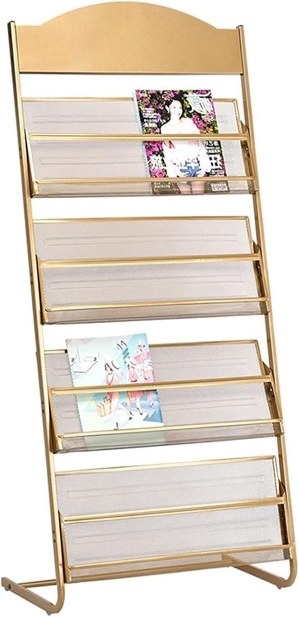 Staand Tijdschriftenrek en Krantenrek in Goud met Gelaagd Ontwerp, Hoogte: 143 cm