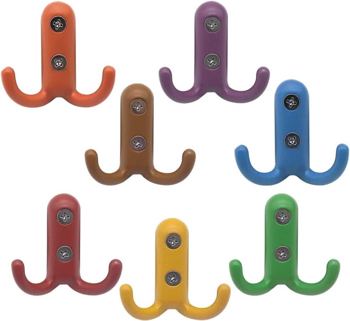 Set van 7 kleurrijke dubbele wandhaken voor jassen, hoeden en accessoires