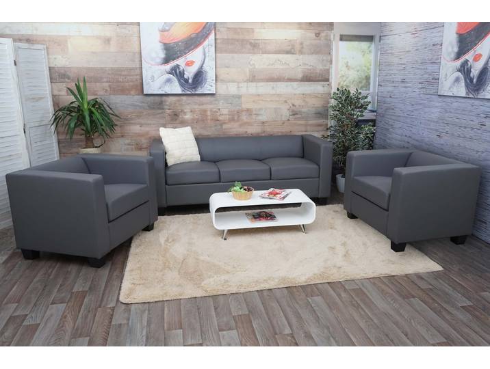 3-1-1 Sofagarnitur Couchgarnitur Loungesofa Lille, Kunstleder Kunstleder, dunkelgrau