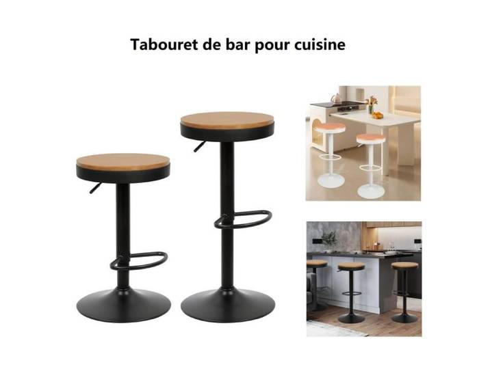 2 X Tabouret de bar pour salle à manger Willonin® Chaise avec siège rond en métal et bois MDF Hauteur réglable et Pivotant Noir