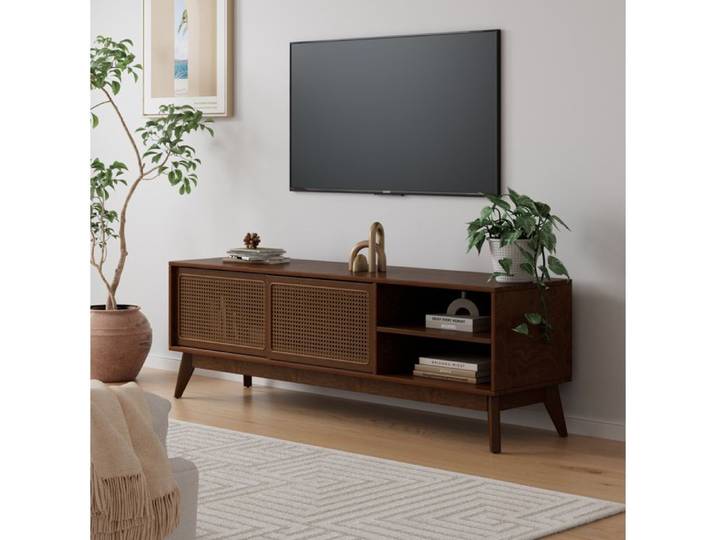 WUVRIE Meuble TV en rotin 150 cm pour TV jusqu'à 65 pouces MDF et bois noyer portes coulissantes