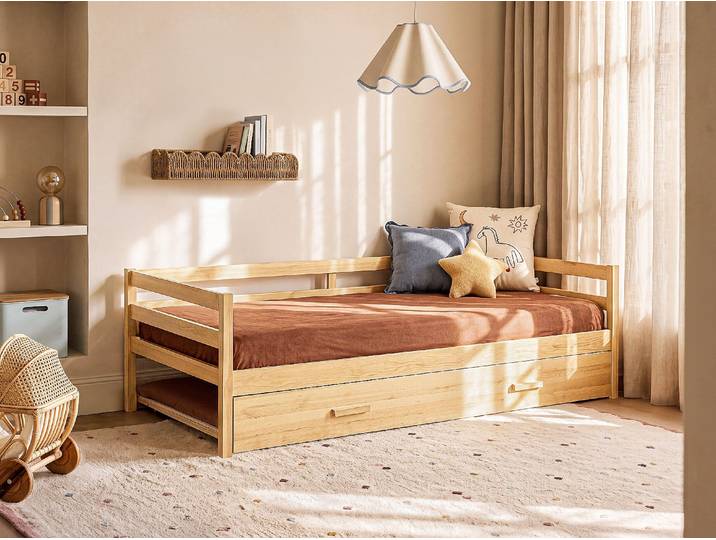 Ausziehbett - 2 x 90 x 190 cm - Kiefer massiv und MDF - Farbe: Natur + Matratze - II AEDAN