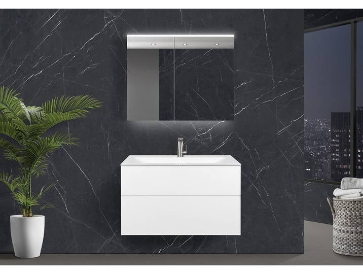 Zafiro - Badmöbelset 90 cm mit Glaswaschbecken Optiwhite, griffloser Unterschrank und Spiegelschrank