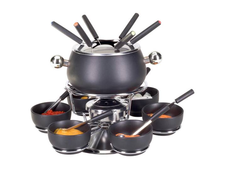 Nouvel Fondueset, Schwarz, Metall, Keramik, 21-teilig, 35x28x35 cm, wärmeisolierte Griffe, Spritzschutz, wärmeisolierte Fonduegabeln, leichte Reinigung, Gabelhalterung, Spritzschutz mit integrierter Gabelhalterung, Tischgrills & Fondues, Fondue-Sets