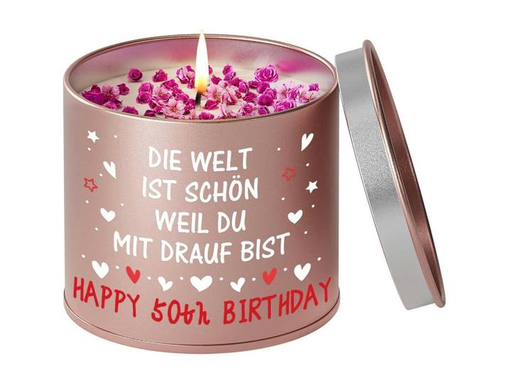 Kerze im Glas 50. Geburtstag Lavendelduft, Bronzefarben, Metall, 8.5 cm, Dekoration, Kerzen & Kerzenhalter, Duftkerzen
