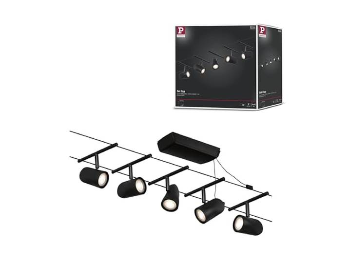 Paulmann 94469 CorDuo Seilsytem Set Cup DC max. 5x10 Watt erweiterbar Schwarz matt Kunststoff, Metall GU5,3 Drahtseilsystem ohne Leuchtmittel