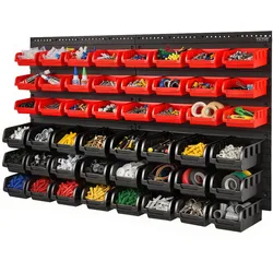 VEVOR Stapelboxen, 48-Behälter-Teileregal-Organizer für Garage, Kunststoff-Ladenwerkzeug mit Wandpaneelen, Werkzeug-Organizer für Muttern, Bolzen, Schrauben, Nägel, Perlen, Knöpfe, Schwarz und Rot