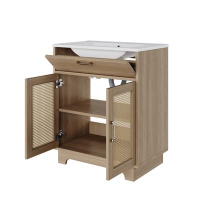 MODFU Freistehender Badezimmerwaschtisch MDF/Keramik Natur 76x46x88 cm mit Klappfach, Soft-Close-Türen und Rattan