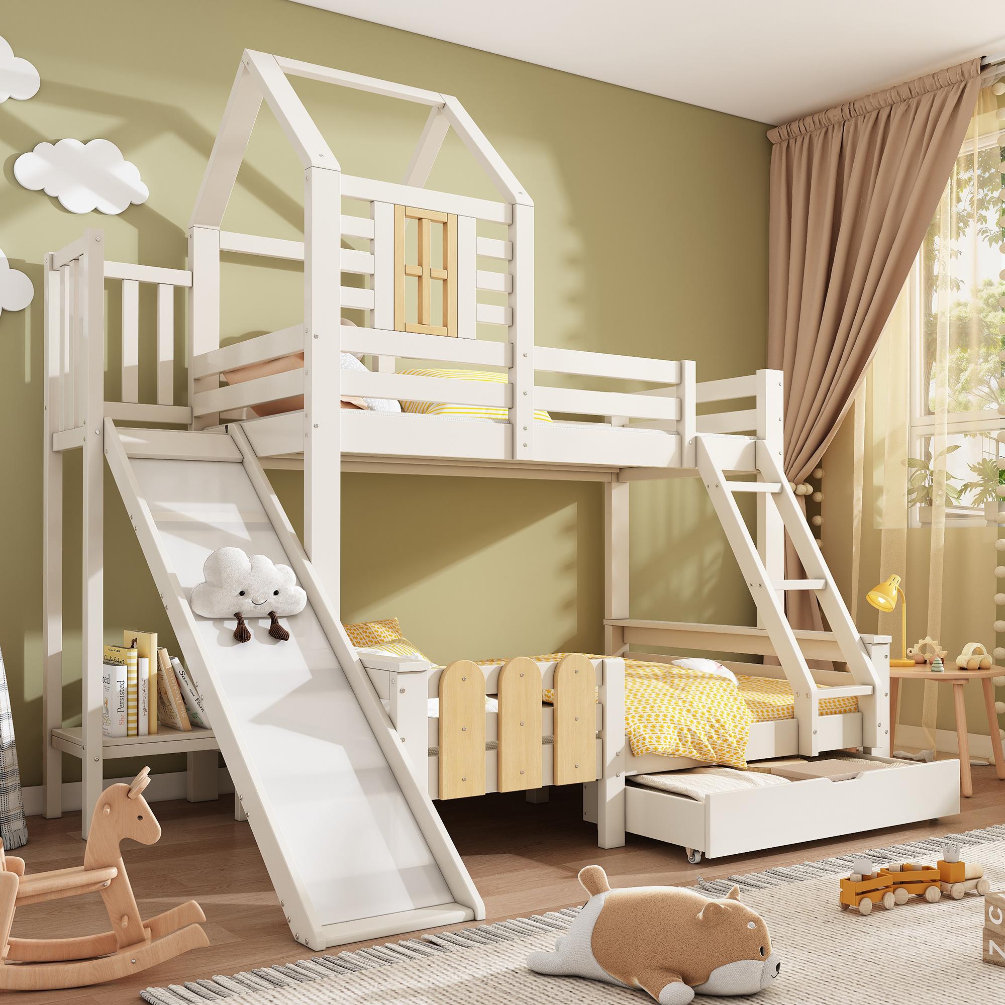 Flieks Etagenbett 90x200cm/140x200cm, Kinderbett Hausbett mit Rutsche, Hochbett mit Schublade, Stockbett Holzbett mit Lattenrost, Weiß