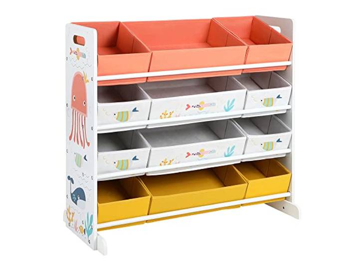 SONGMICS speelgoedplank, met 12 stoffen dozen, voor kinderen
