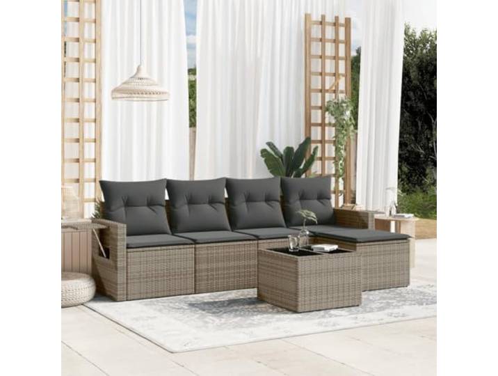 ZQQLVOO 6-TLG. Poly Rattan Sofagarnitur Grau mit Glastisch Modulares Design, klappbare Ablagen mit Gasfedern, dick gepolsterte Kissen, Hartglasplatte