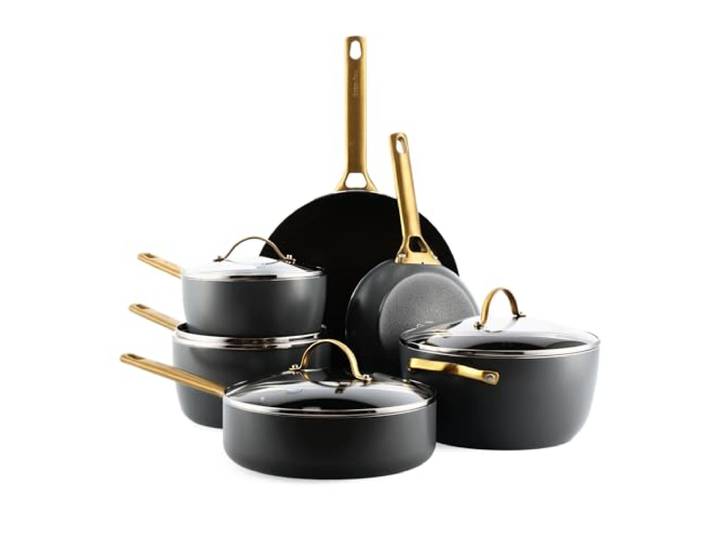 GreenPan Reserve Harteloxiertes Gesundes Keramische Antihaft-Kochgeschirr Set,10 Teile,Inklusive Bratpfannen Sautierpfanne und Kochtopf,Goldgriff,PFAS-frei,Induktion,Backofenfest,Schwarz