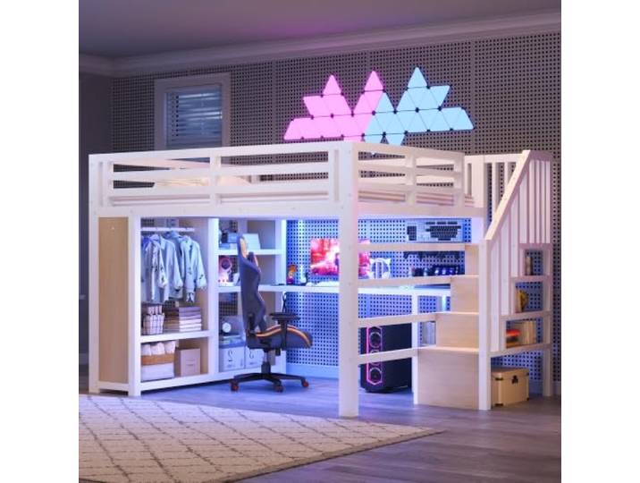 BTM Metall Gaming Hochbett 140x200 mit Kleiderschrank und Schreibtisch Hochbett Jugendliche mit LED, USB und Treppe, Weiß