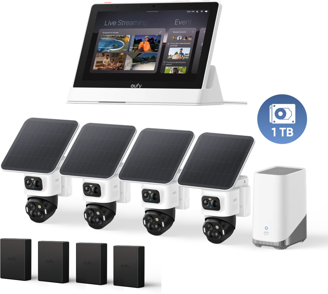 eufyCam S4 4‑Kamera‑Set, 1TB Festplatte und Smart display,mit Ersatzakku